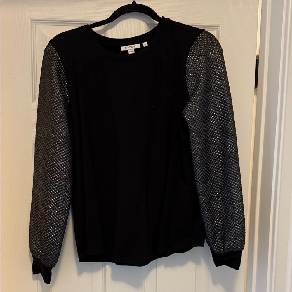 Chico's Black Sweater with Quilted Metallic Gray Sleeves
